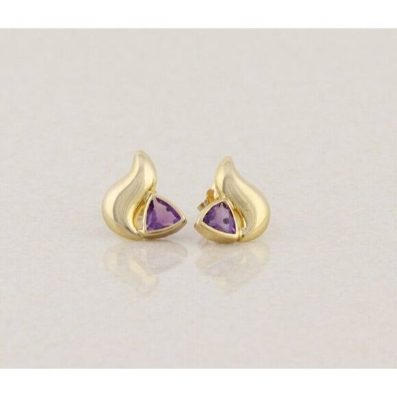 14k Yellow Gold Amethyst Earrings Stud Post - Picture 3 of 8